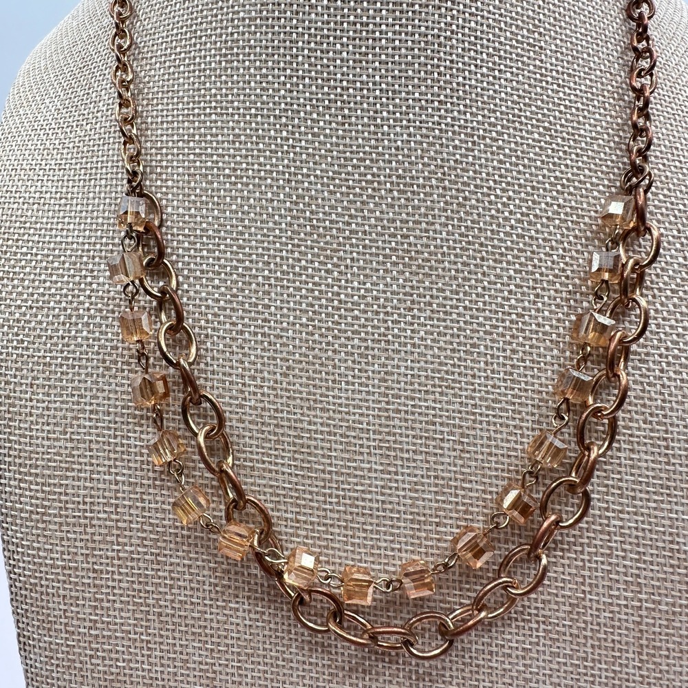 Vintage 90s Gold Tone Double Strand Glass Cube Necklace - Classic Women's